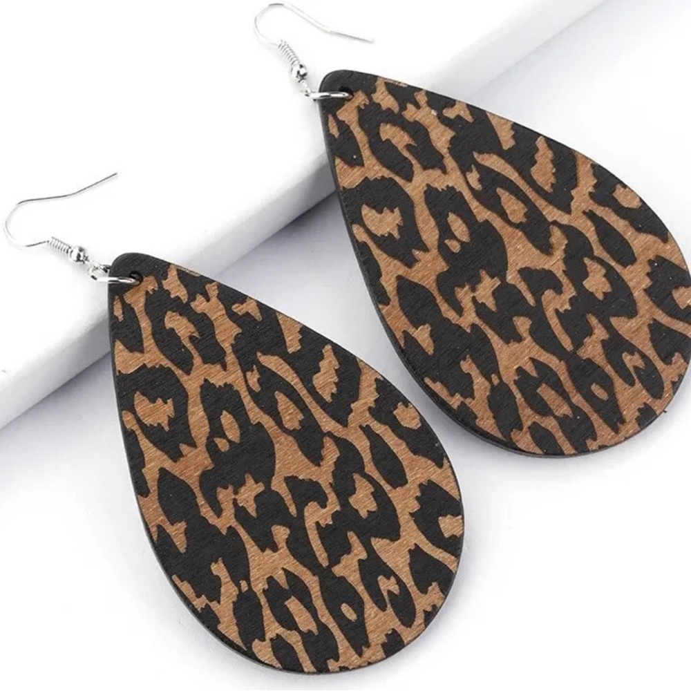 Leopard Cheetah Print Wood Teardrop Earrings, Large 2.75” , Animal Print, New